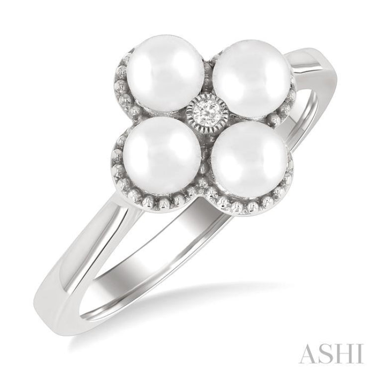 4 MM Clover Cultured Pearl and 1/50 Ctw Round Cut Diamond Fashion Ring in 10K White Gold
