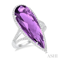 26x9 MM Pear Shape Amethyst and 1/3 Ctw Round Cut Diamond Halo Semi-Precious Ring in 14K White Gold