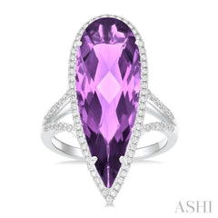 26x9 MM Pear Shape Amethyst and 1/3 Ctw Round Cut Diamond Halo Semi-Precious Ring in 14K White Gold