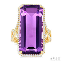 26x12 MM Emerald Cut Amethyst and 1/2 Ctw Round Cut Diamond Halo Semi-Precious Ring in 14K Yellow Gold