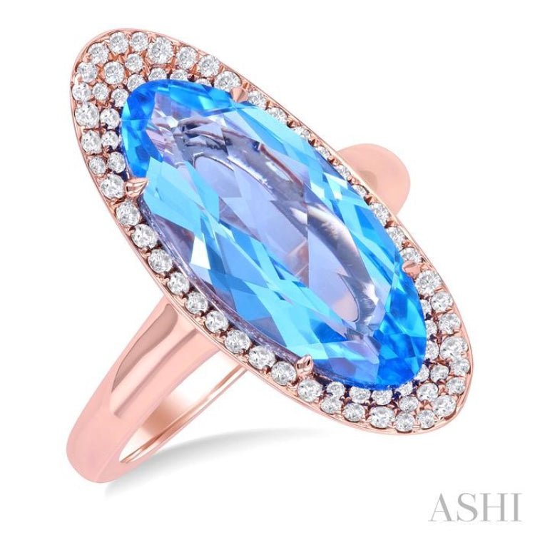 18x8 MM Oval Cut Blue Topaz and 1/3 Ctw Round Cut Diamond Halo Semi-Precious Ring in 14K Rose Gold