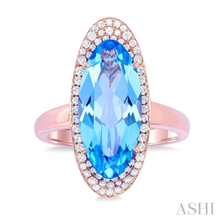 18x8 MM Oval Cut Blue Topaz and 1/3 Ctw Round Cut Diamond Halo Semi-Precious Ring in 14K Rose Gold