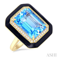 14x10 MM Emerald Cut Blue Topaz and 1/5 Ctw Round Cut Diamond Halo & Black Enamel Border Semi-Precious Ring in 14K Yellow Gold