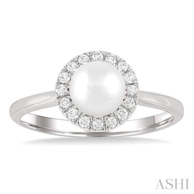 6 MM White Cultured Pearl and 1/6 Ctw Round Cut Diamond Halo Ring in 14K White Gold