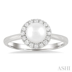 6 MM White Cultured Pearl and 1/6 Ctw Round Cut Diamond Halo Ring in 14K White Gold