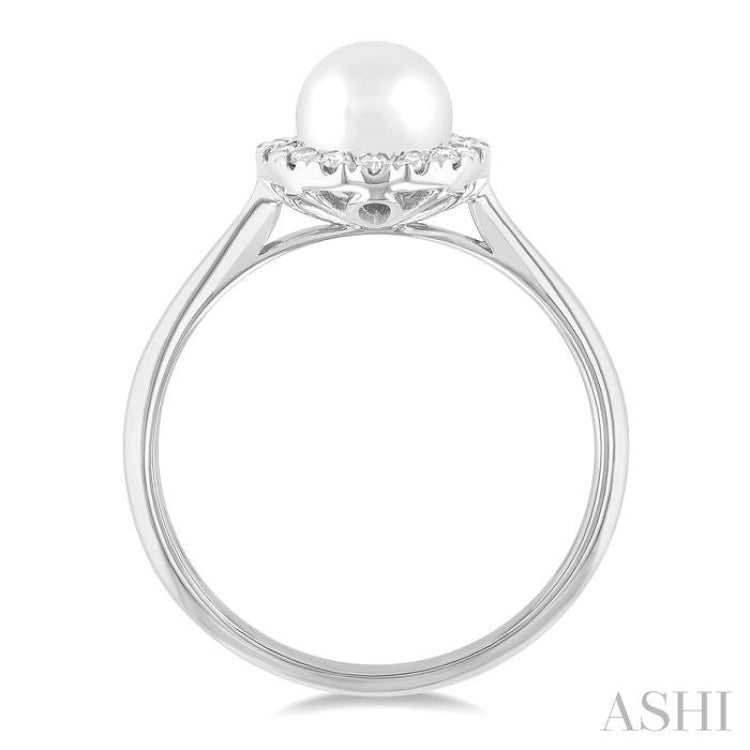 6 MM White Cultured Pearl and 1/6 Ctw Round Cut Diamond Halo Ring in 14K White Gold