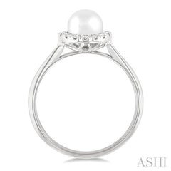 6 MM White Cultured Pearl and 1/6 Ctw Round Cut Diamond Halo Ring in 10K White Gold