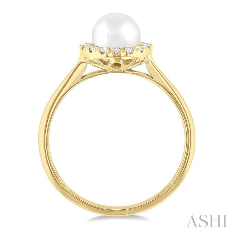6 MM White Cultured Pearl and 1/6 Ctw Round Cut Diamond Halo Ring in 10K Yellow Gold