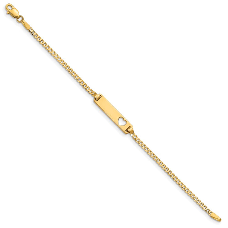 14k Polished Solid Chain/Solid Plate Curb Link Cut-out Heart 21x5mm Plate 5.5 inch Baby/Child ID Bracelet