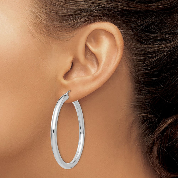 14K White Gold 4x50mm Polished Lightweight Tube Hoop Earrings