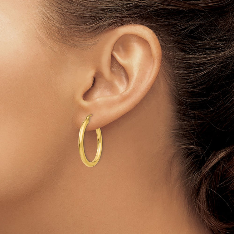 14K 2.5x25mm Polished Round Tube Hoop Earrings