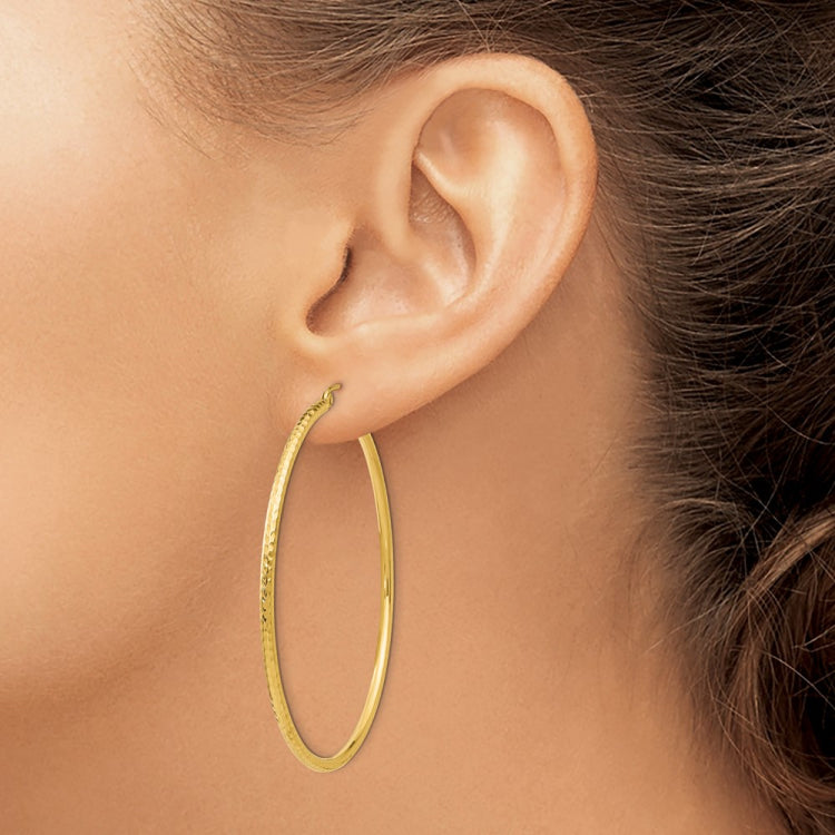 14k 2x55mm Diamond-cut Round Tube Hoop Earrings