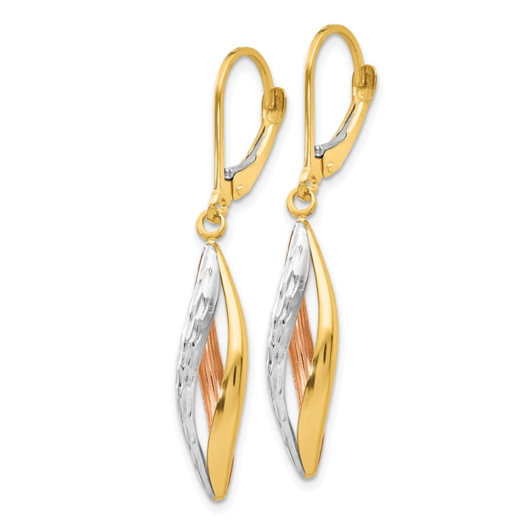 14K Two-tone with White Rhodium Diamond-cut Twist Dangle Leverback Earrings