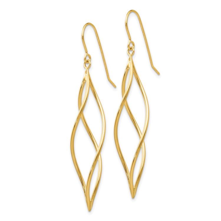 14k Polished Long Twisted Swirl Drop French Hook Earrings