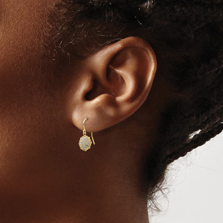 14k and White Rhodium Diamond-cut Polished Medallion Dangle Wire Earrings