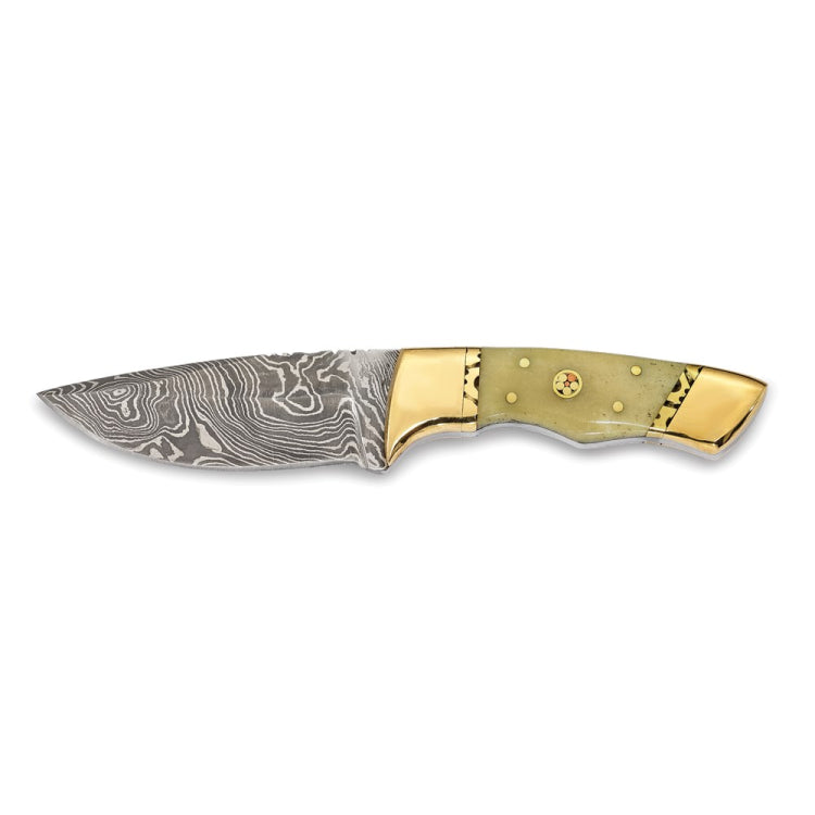Luxury Giftware Damascus Steel 256 Layer Fixed Blade Camel Bone Handle Hunting Knife with Leather Sheath and Gift Box
