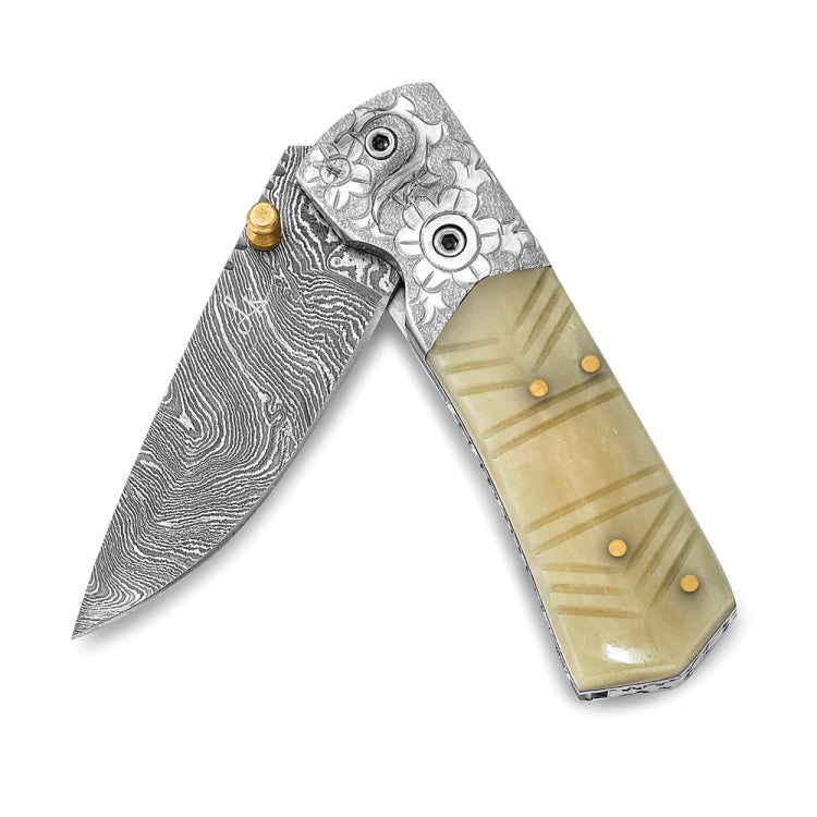 Luxury Giftware Damascus Steel 256 Layer Folding Carved Camel Bone Handle Knife with Leather Sheath and Wooden Gift Box