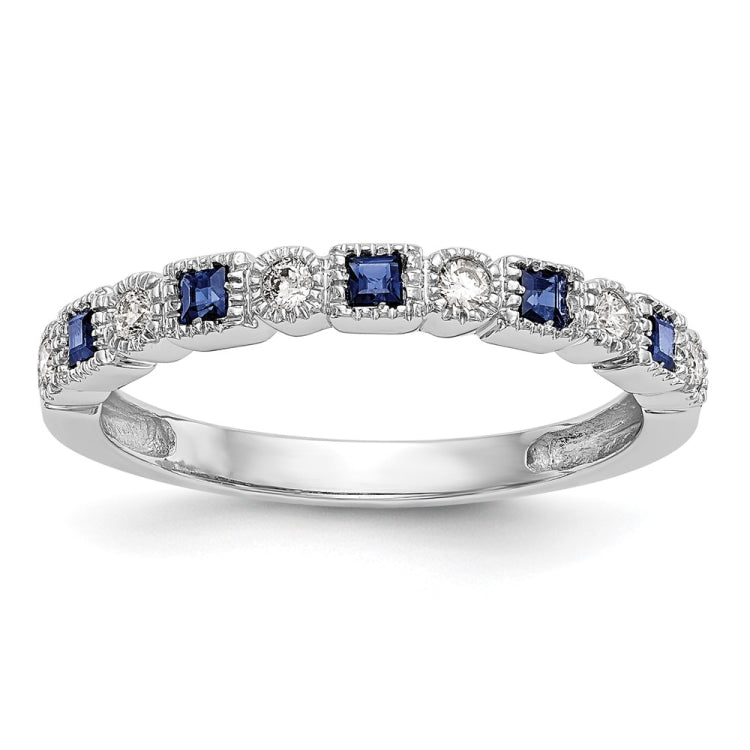 14k White Gold 1/10 carat Diamond and Blue Princess Sapphire Complete Band