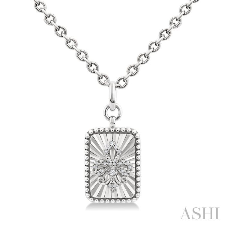 1/10 Ctw Rectangle fluted medallion Round Cut Diamond Fleur-De-Lis Pendant With Chain in Sterling Silver