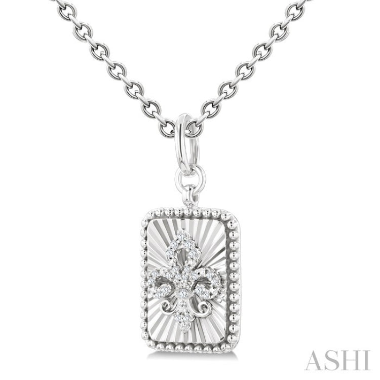 1/10 Ctw Rectangle fluted medallion Round Cut Diamond Fleur-De-Lis Pendant With Chain in Sterling Silver
