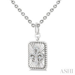 1/10 Ctw Rectangle fluted medallion Round Cut Diamond Fleur-De-Lis Pendant With Chain in Sterling Silver