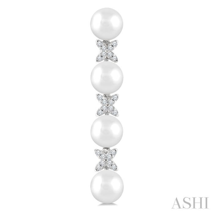 5 MM Cultured Pearl and 1/6 Ctw Round Cut Diamond Floral Fashion Earrings in 14K White Gold