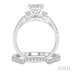 7/8 Ctw Lovebright Round Cut Diamond Wedding Set With 3/4 Ctw Criss Cross Shank Engagement Ring and 1/6 Ctw Arched Wedding Band in 14K White Gold