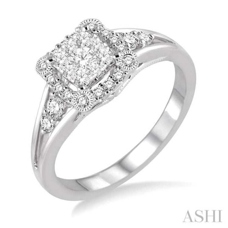 1/2 ctw Square Shape Round Cut Diamond Lovebright Ring in 14K White Gold