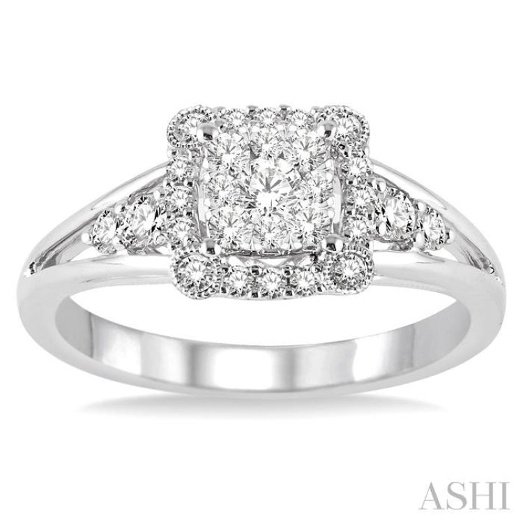 1/2 ctw Square Shape Round Cut Diamond Lovebright Ring in 14K White Gold