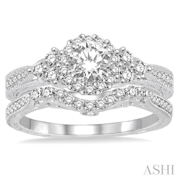 7/8 ctw Diamond Wedding Set with 3/4 ctw Round Cut Engagement Ring and 1/5 ctw Wedding Band in 14K White Gold