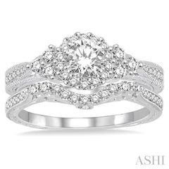 7/8 ctw Diamond Wedding Set with 3/4 ctw Round Cut Engagement Ring and 1/5 ctw Wedding Band in 14K White Gold
