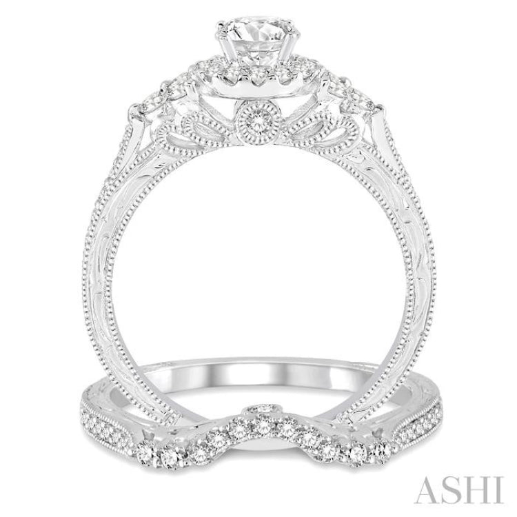 7/8 ctw Diamond Wedding Set with 3/4 ctw Round Cut Engagement Ring and 1/5 ctw Wedding Band in 14K White Gold