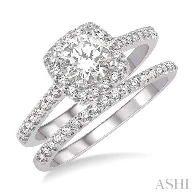 1/2 ctw Diamond Wedding Set With 3/8 ctw Round Cut Engagement Ring and 1/10 ctw Wedding Band in 14K White Gold