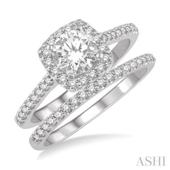 1/2 ctw Diamond Wedding Set With 3/8 ctw Round Cut Engagement Ring and 1/10 ctw Wedding Band in 14K White Gold