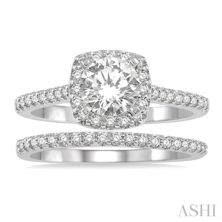 1/2 ctw Diamond Wedding Set With 3/8 ctw Round Cut Engagement Ring and 1/10 ctw Wedding Band in 14K White Gold
