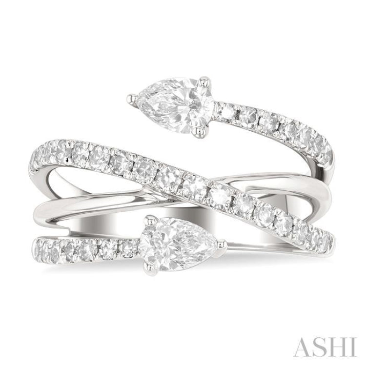 1.00 ctw East West Pear and Round Cut Diamond Split Open End Fashion Ring in 14K White Gold