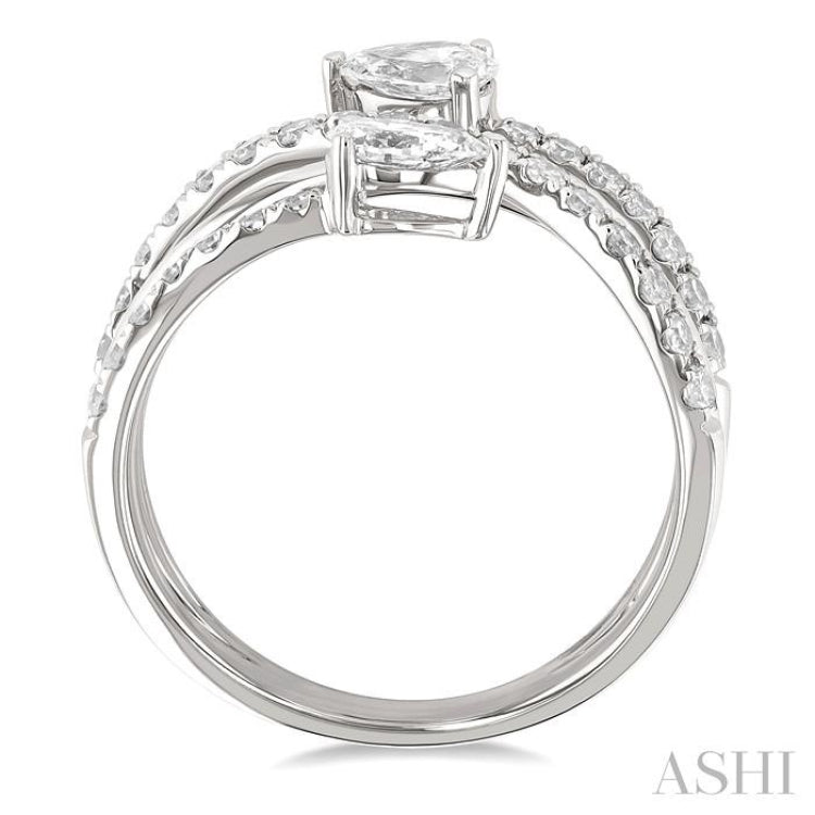 1.00 ctw East West Pear and Round Cut Diamond Split Open End Fashion Ring in 14K White Gold