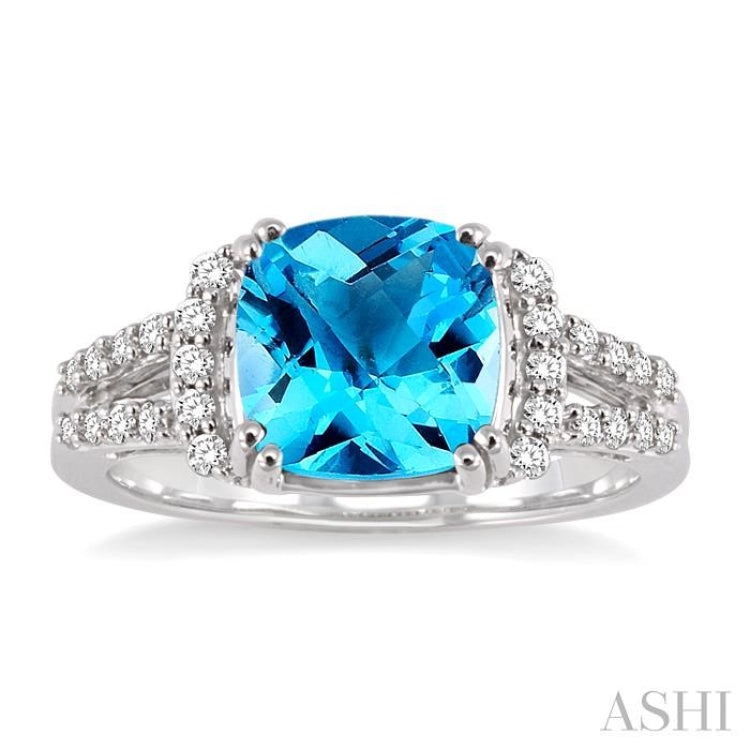 8x8 MM Cushion Shape Blue Topaz and 1/4 ctw Round Cut Diamond Ring in 14K White Gold