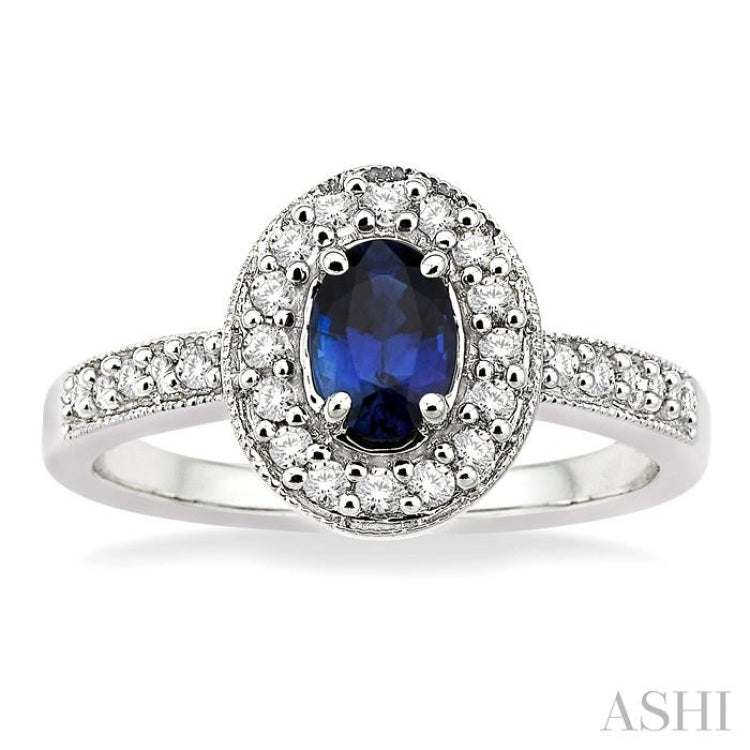 6x4 MM Oval Cut Sapphire and 1/4 Ctw Round Cut Diamond Ring in 14K White Gold