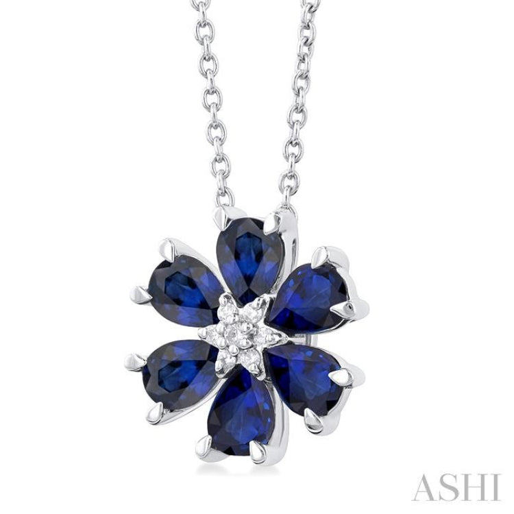 4X3 MM Floral Pear Cut Sapphire and 1/50 ctw Round Cut Diamond Precious Pendant With Chain in 14K White Gold