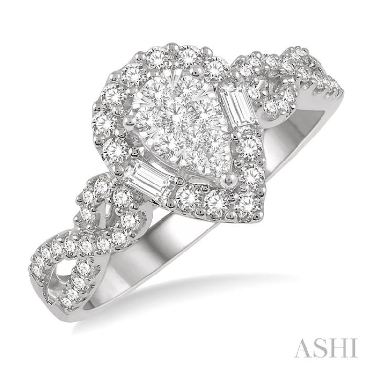 1/2 ctw Pear Shape Bow Shank Lovebright Round and Baguette Diamond Ring in 14K White gold
