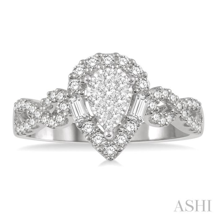 1/2 ctw Pear Shape Bow Shank Lovebright Round and Baguette Diamond Ring in 14K White gold
