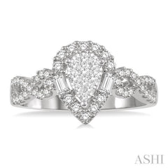 1/2 ctw Pear Shape Bow Shank Lovebright Round and Baguette Diamond Ring in 14K White gold