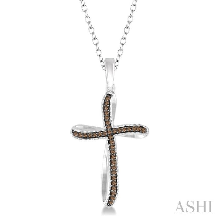 1/6 ctw Round Cut Champagne Brown Diamond Cross Pendant in Sterling Silver with Chain