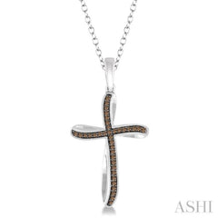 1/6 ctw Round Cut Champagne Brown Diamond Cross Pendant in Sterling Silver with Chain