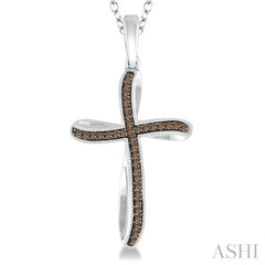 1/6 ctw Round Cut Champagne Brown Diamond Cross Pendant in Sterling Silver with Chain