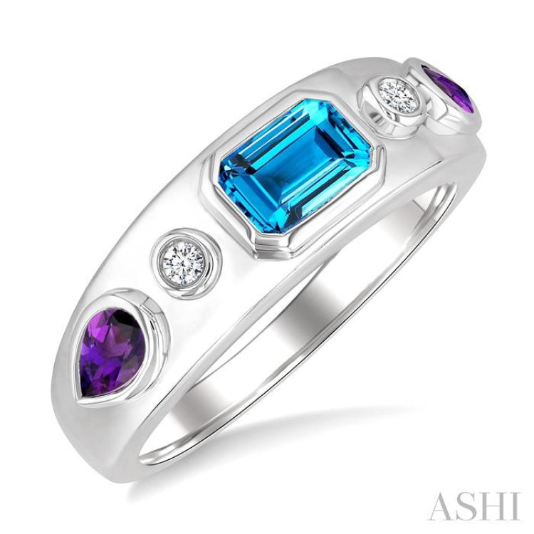6x4 MM Octagone Shape Blue Topaz & 5x3 MM Pear Shape Amethyst and 1/20 Ctw Round Cut Diamond Semi-Precious Ring in Sterling Silver