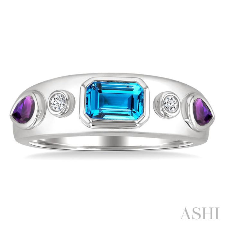 6x4 MM Octagone Shape Blue Topaz & 5x3 MM Pear Shape Amethyst and 1/20 Ctw Round Cut Diamond Semi-Precious Ring in Sterling Silver
