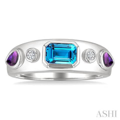 6x4 MM Octagone Shape Blue Topaz & 5x3 MM Pear Shape Amethyst and 1/20 Ctw Round Cut Diamond Semi-Precious Ring in Sterling Silver