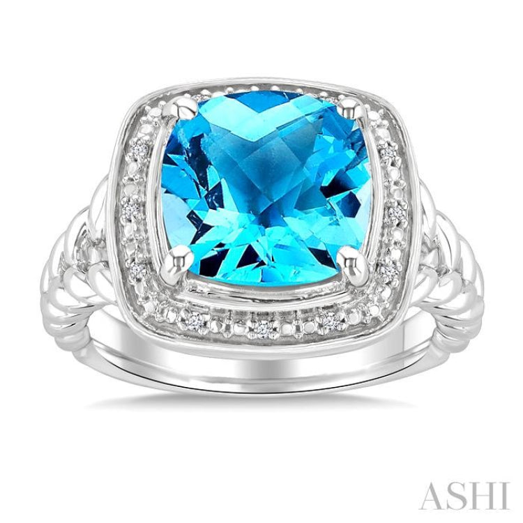 10 MM Cushion Shape Blue Topaz and 1/20 Ctw Round Cut Diamond Semi-precious Ring in Sterling Silver